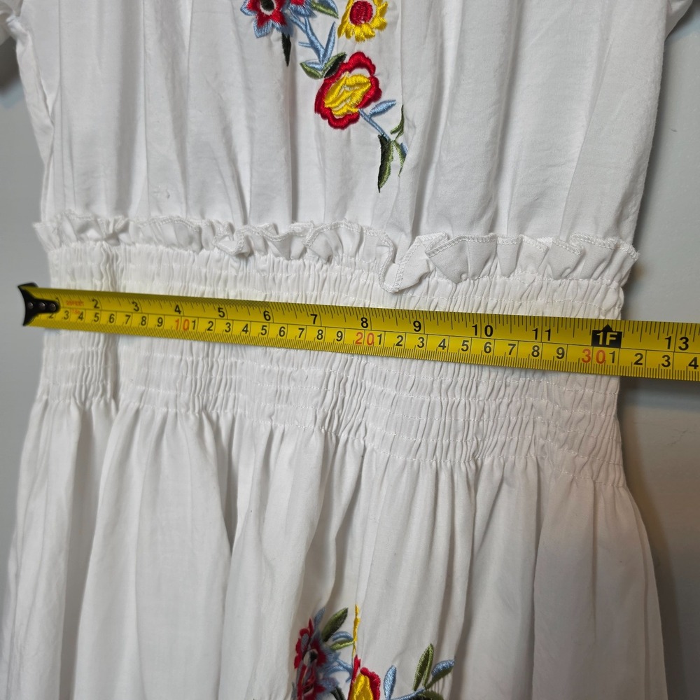 Floral Embroidered Smocked Off Shoulder Mini Dress White Size Small - Picture 7 of 9